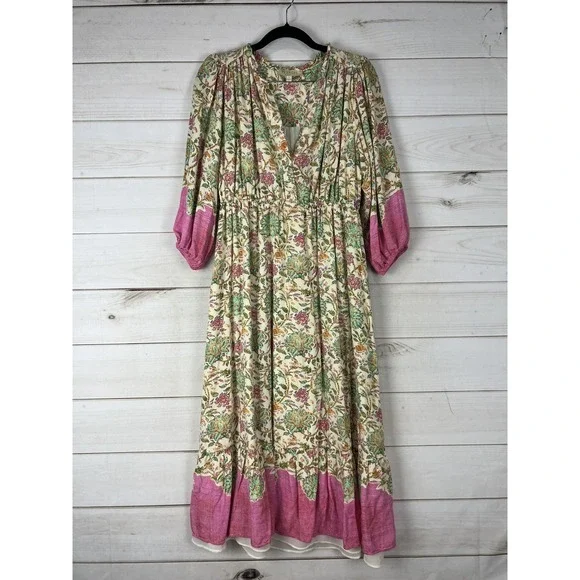 Farmers Market Dress Womens Small Multicolor Floral Boho Maxi 3/4 Sleeve Tiered - Picture 1 of 10